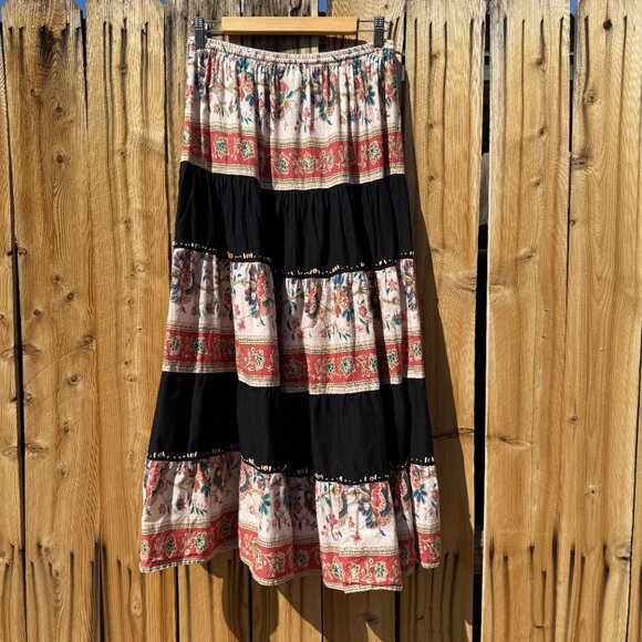 Vintage Prairie Midi Skirt 90s Ronnie Nicole Floral Beaded Flared | Size M/L - Picture 8 of 12